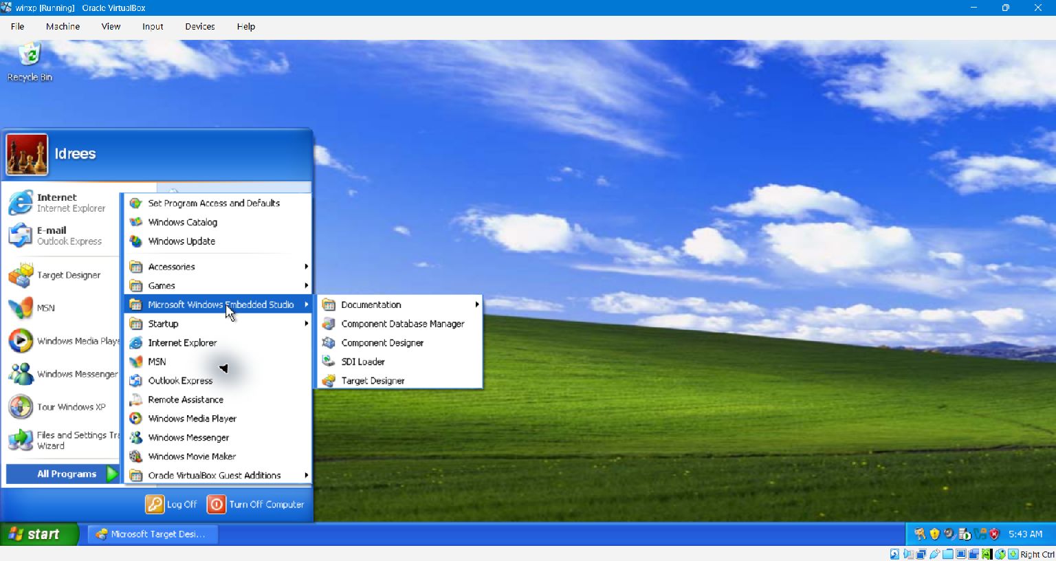 Windows XP Embedded Studio tools installed in the development VM